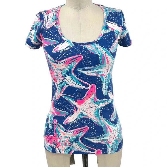 Lilly Pulitzer Dori T-Shirt Indigo Star Struck Print Blue Pink‎ Size XXS - Picture 2 of 11